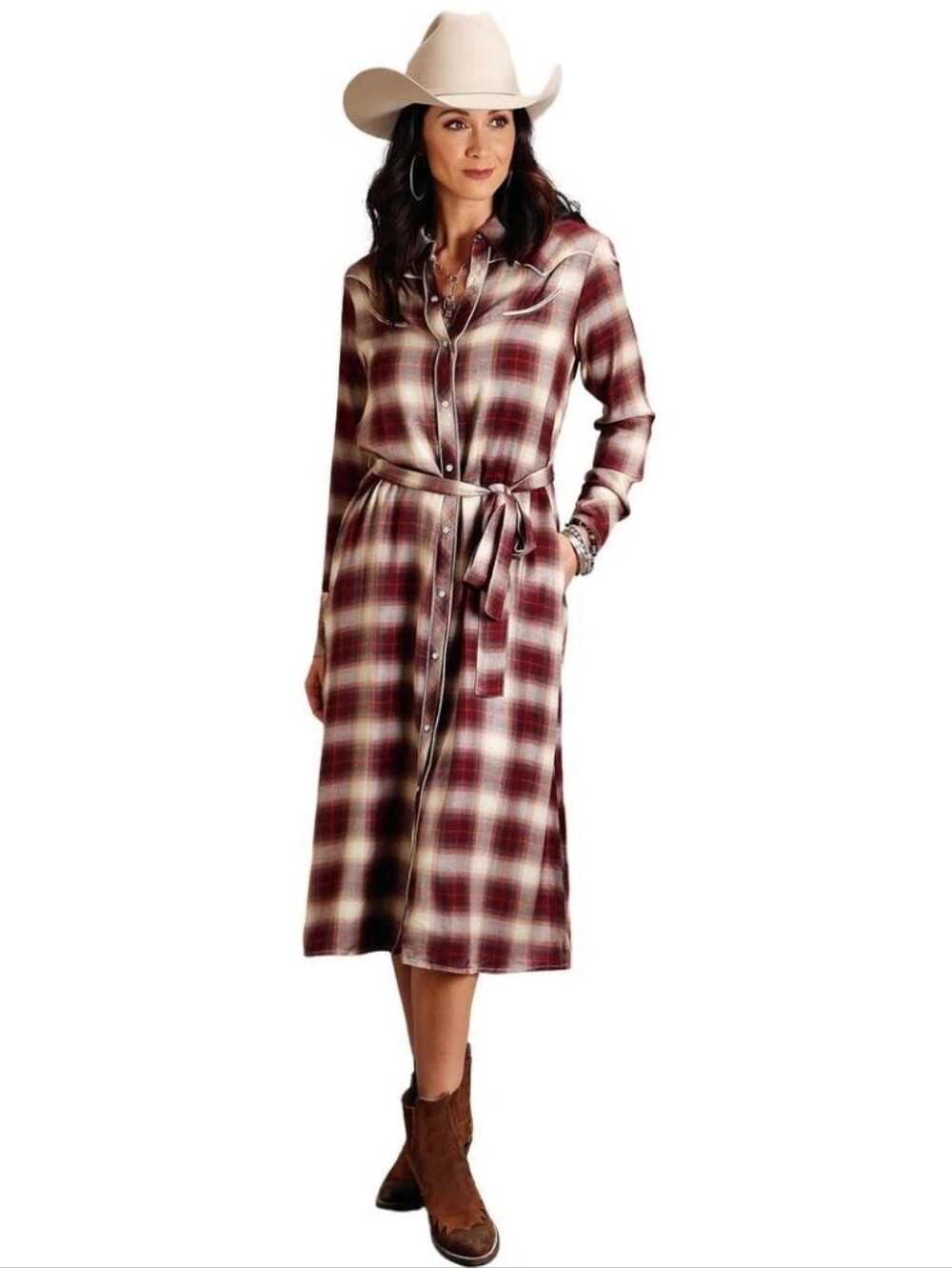 NWT Stetson Black Cherry and Cream Plaid Maxi Shirt Dress